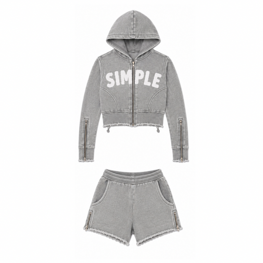 Simple Zipper Shorts Set- Grey