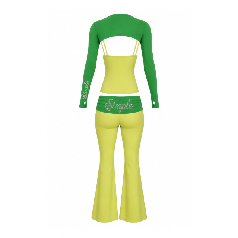 Simple Monochromatic Green Flare Pants Set