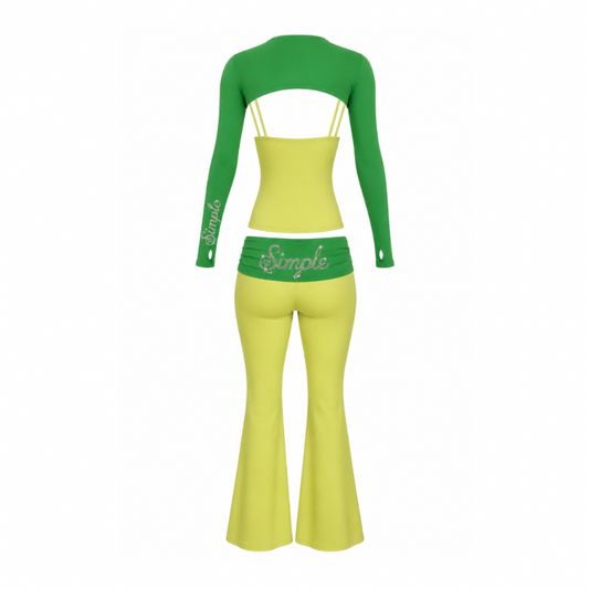 Simple Monochromatic Green Flare Pants Set