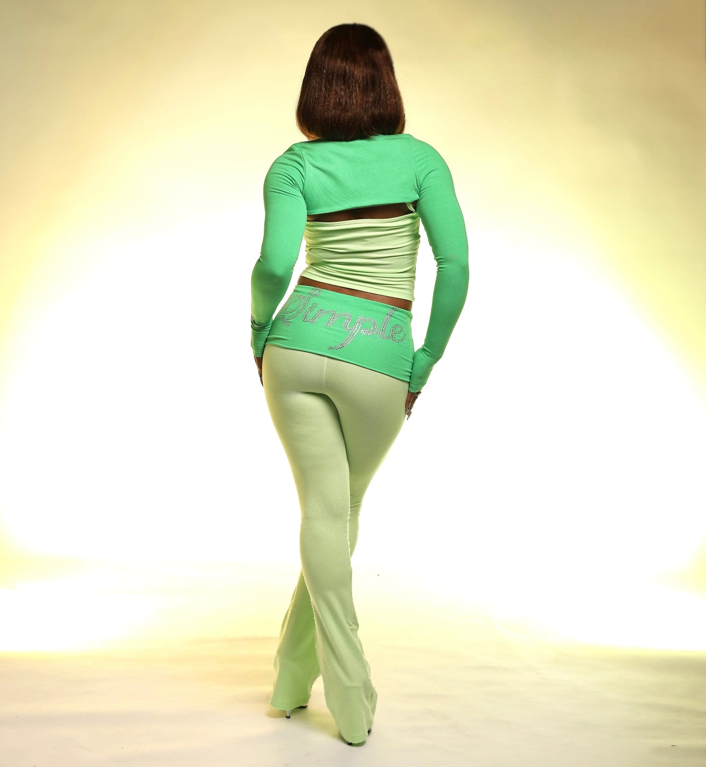 Simple Monochromatic Green Flare Pants Set