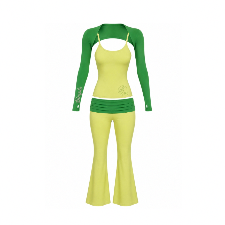 Simple Monochromatic Green Flare Pants Set