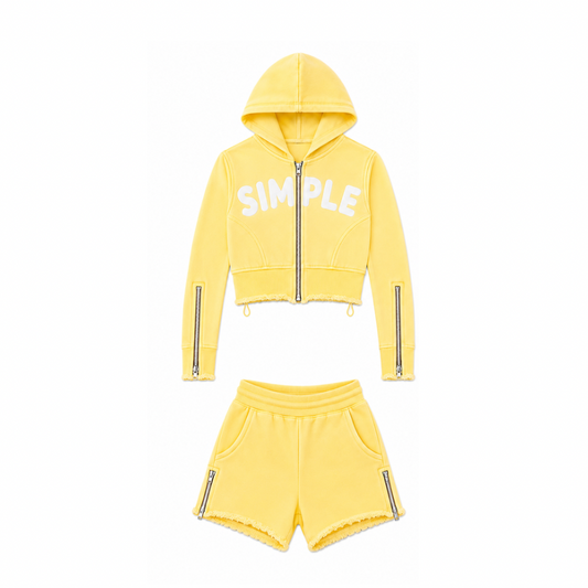 Simple Zipper Shorts Set - Yellow